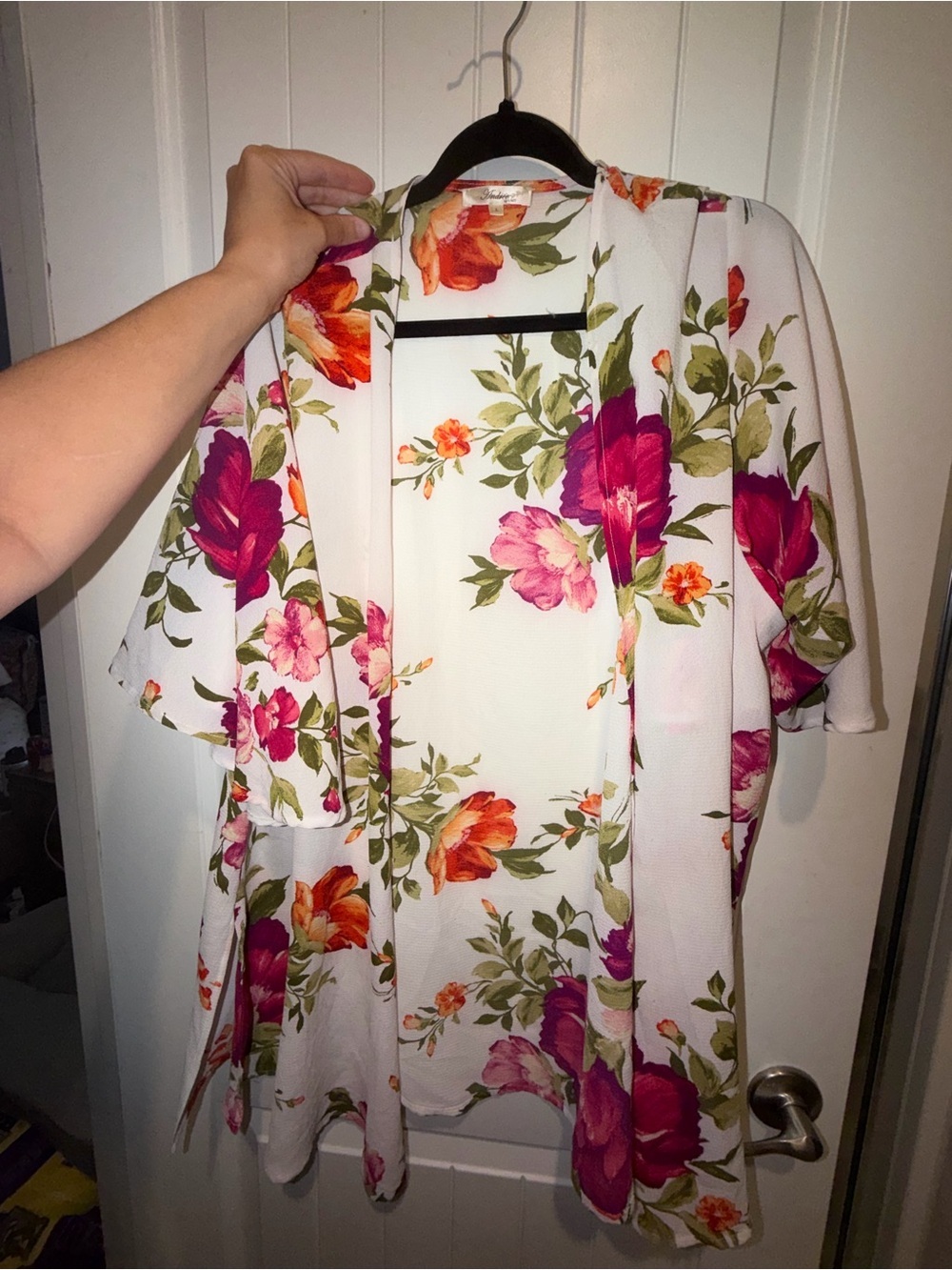 Andree White Floral Open-Front Kimono with Pink & Orange Blooms